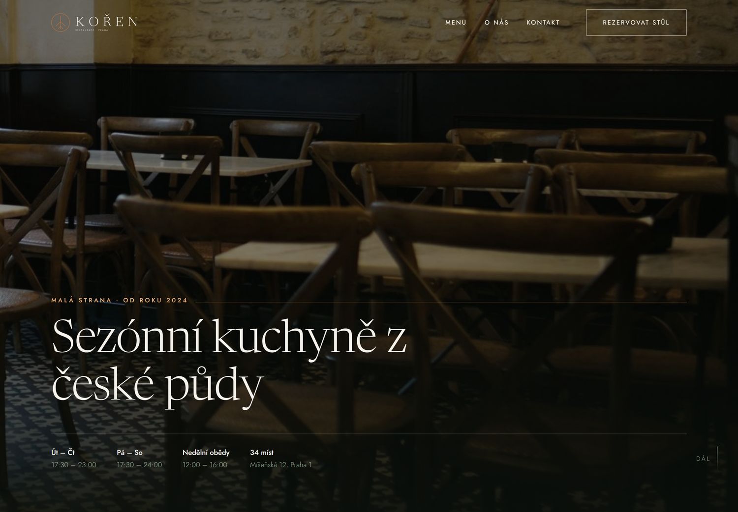 Úvodní stránka webu restaurace KOŘEN, tmavé hero s velkým titulkem