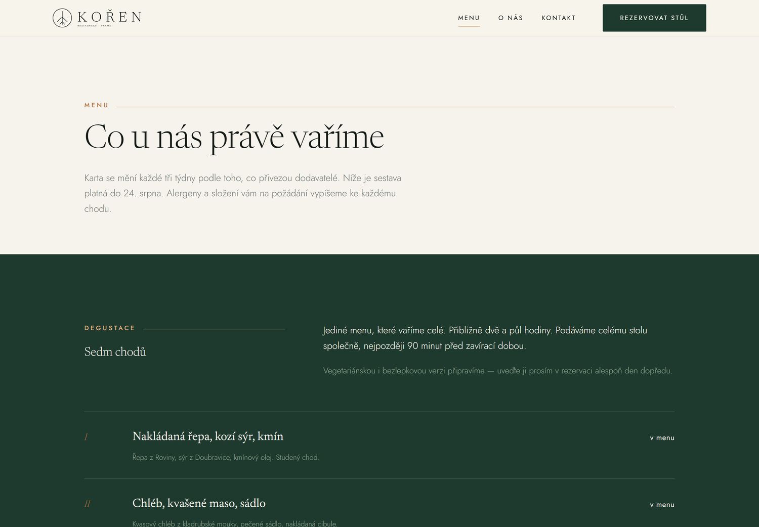 Stránka s degustačním menu restaurace KOŘEN, typografický výpis chodů na tmavě zeleném podkladu