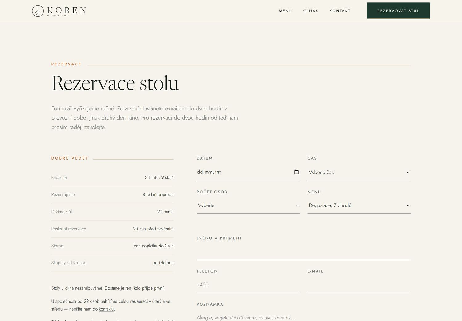 Rezervační formulář na webu KOŘEN