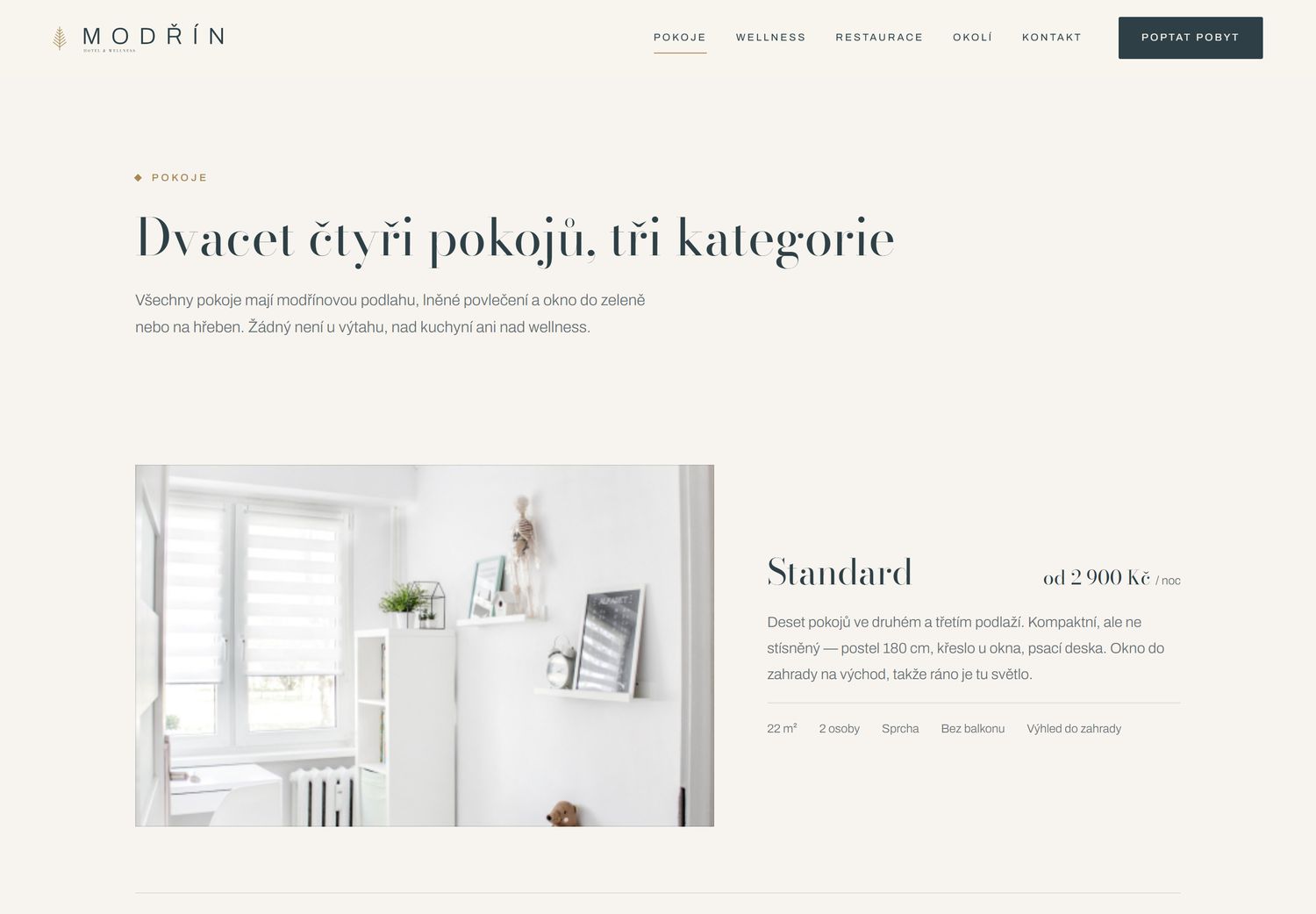 Stránka pokoje na webu MODŘÍN se střídavými řadami kategorií